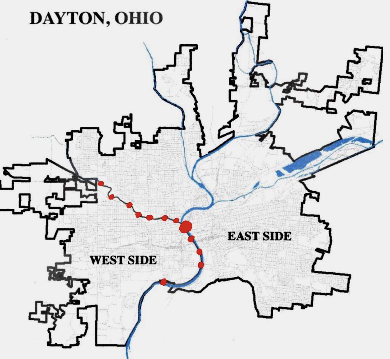Map of Dayton, Ohio divided into West Side and East Side